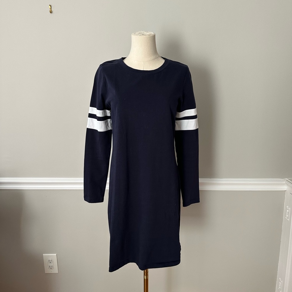 1901 Navy Dress with White Sleeve Stripes